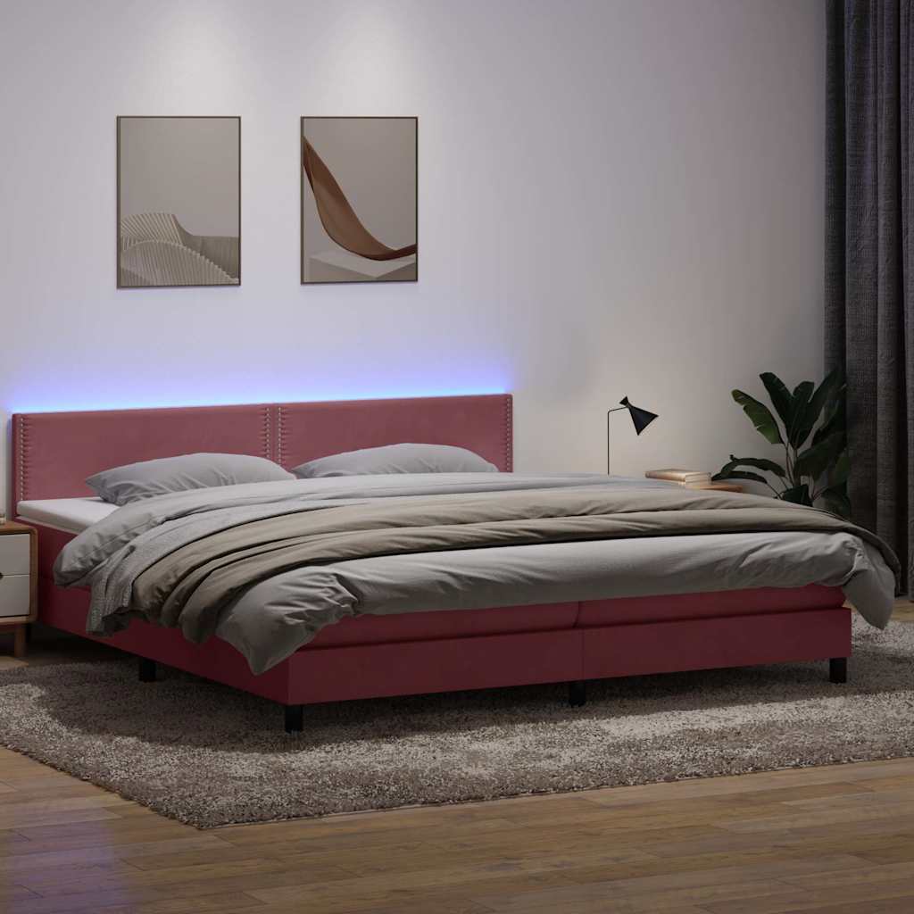rózsaszín bársony rugós és LED-es ágy matraccal 180x210 cm