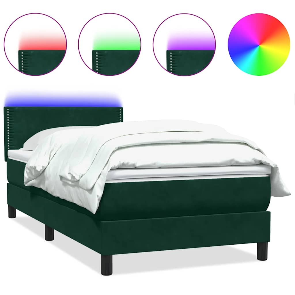 sötétzöld bársony rugós és LED-es ágy matraccal 80x220 cm