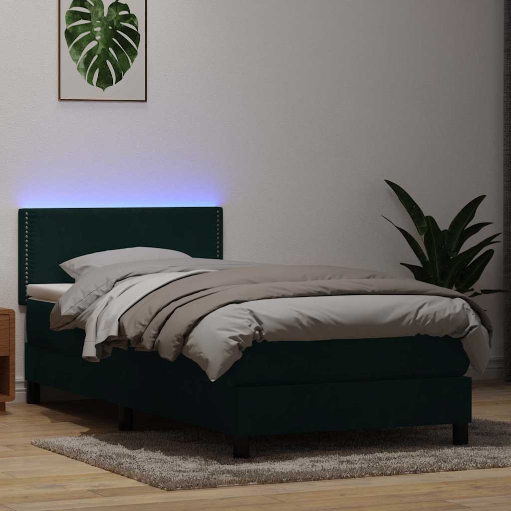 sötétzöld bársony rugós és LED-es ágy matraccal 80x220 cm