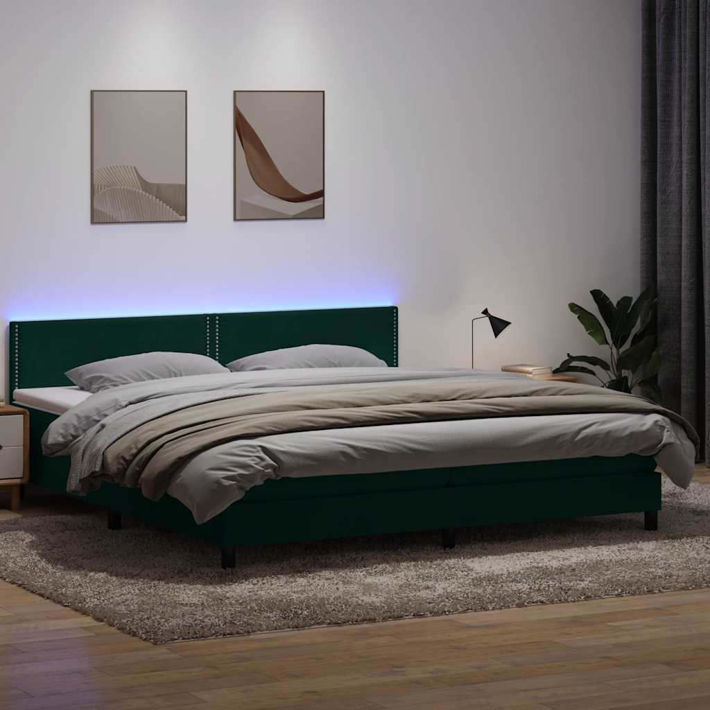 sötétzöld bársony rugós és LED-es ágy matraccal 180x220 cm