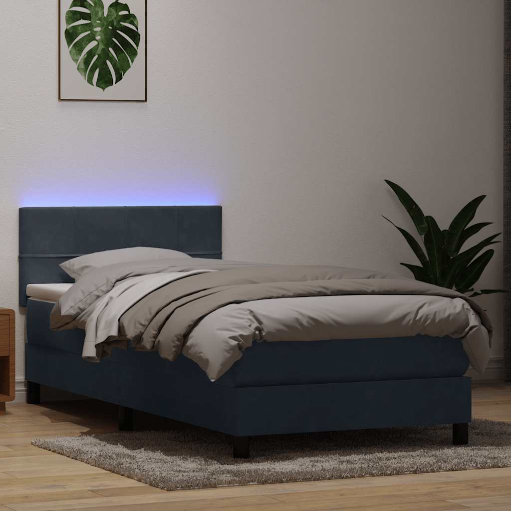 sötétszürke bársony rugós és LED-es ágy matraccal 80x210 cm