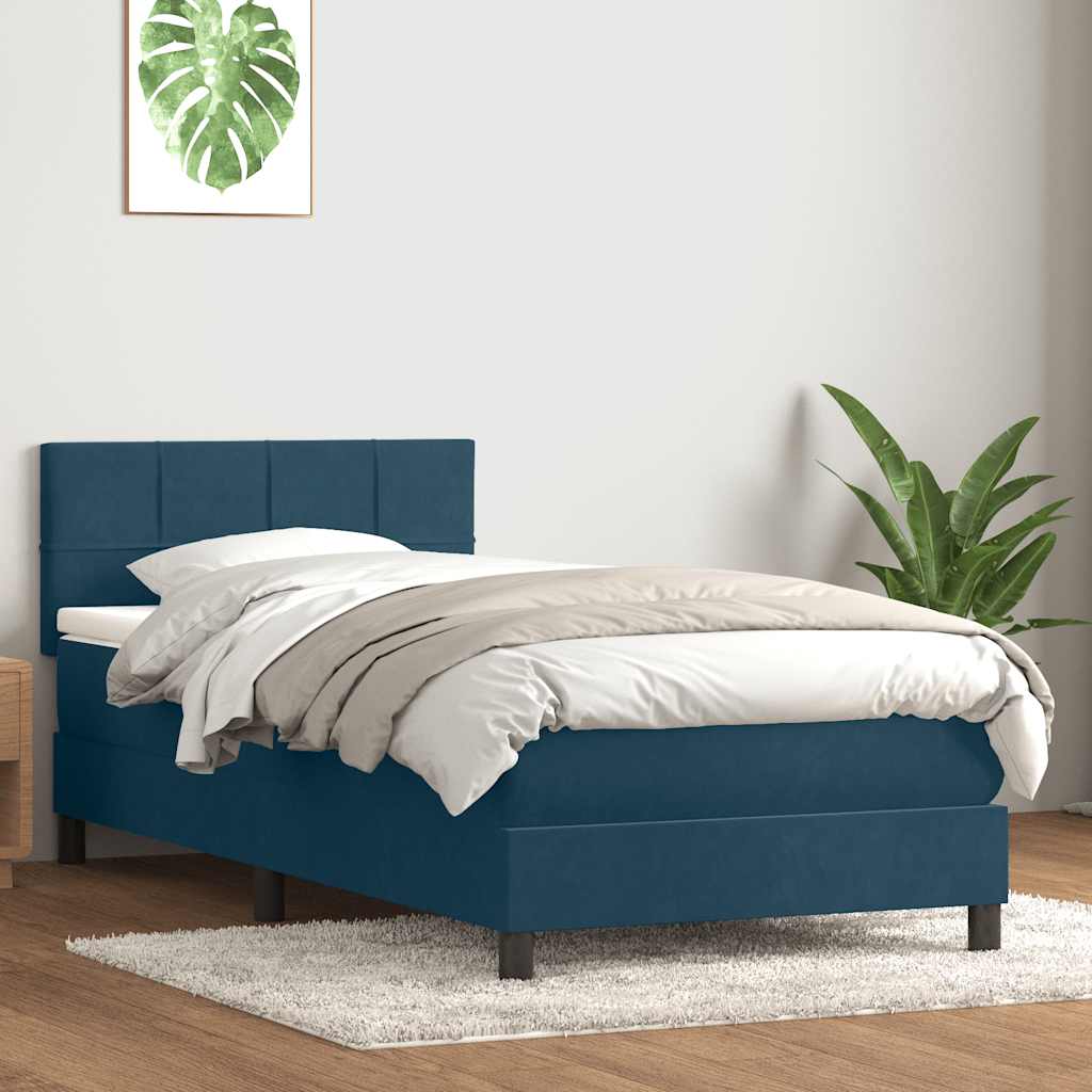 sötétkék bársony rugós és LED-es ágy matraccal 80x210 cm
