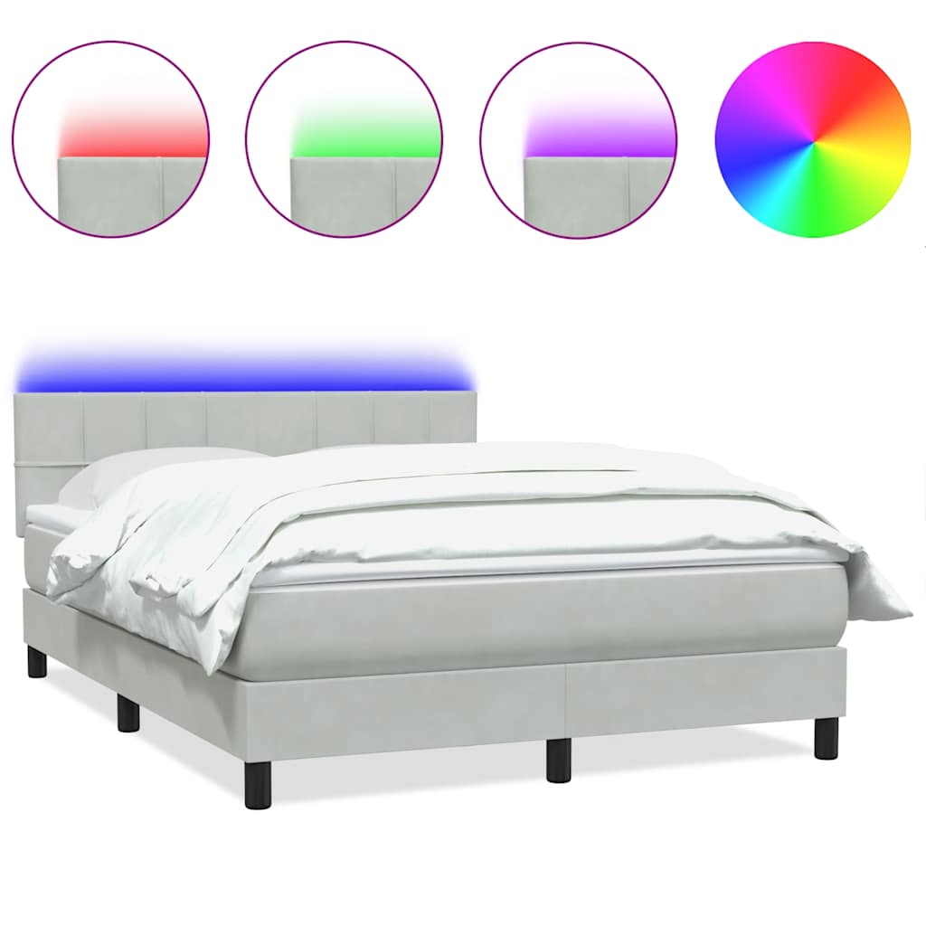 világosszürke bársony rugós és LED-es ágy matraccal 160x210 cm