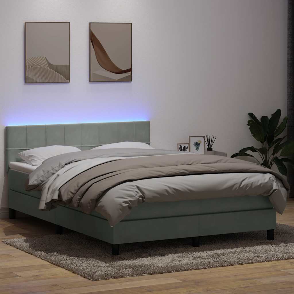 világosszürke bársony rugós és LED-es ágy matraccal 160x210 cm