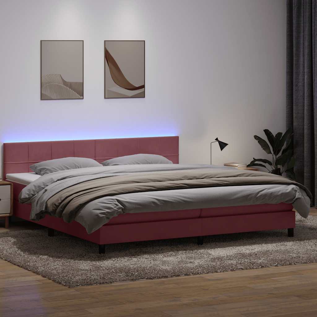 rózsaszín bársony rugós és LED-es ágy matraccal 180x210 cm