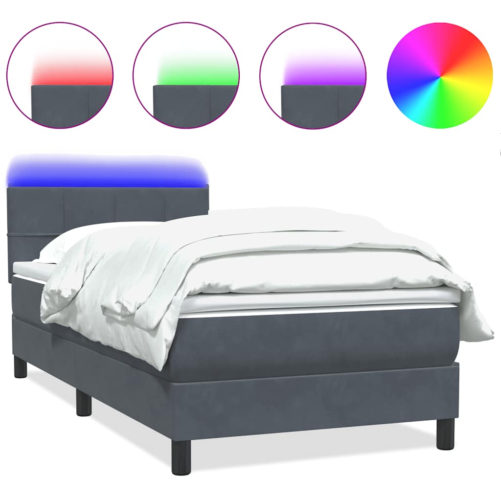 sötétszürke bársony rugós és LED-es ágy matraccal 80x220 cm