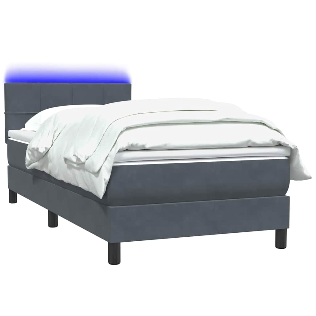 sötétszürke bársony rugós és LED-es ágy matraccal 80x220 cm