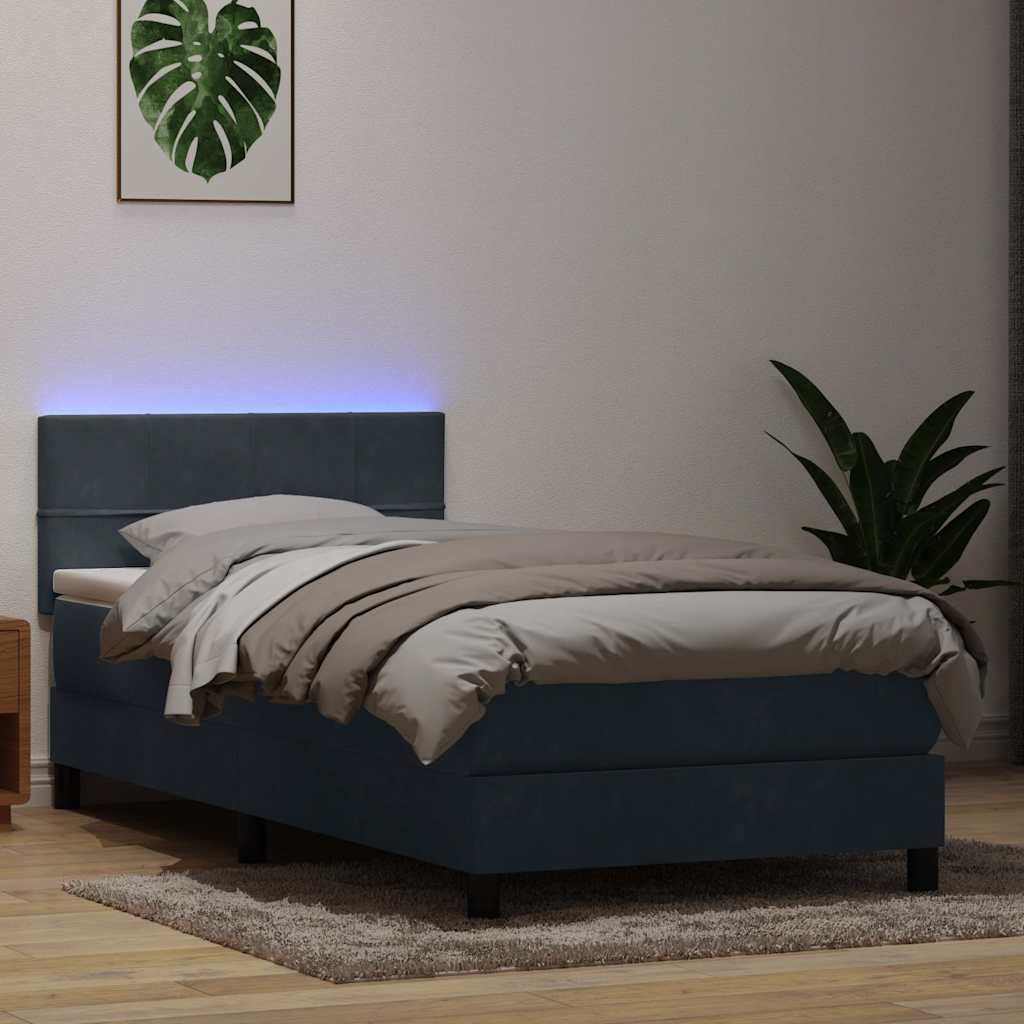 sötétszürke bársony rugós és LED-es ágy matraccal 80x220 cm
