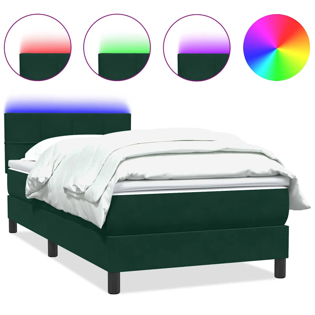 sötétzöld bársony rugós és LED-es ágy matraccal 80x220 cm