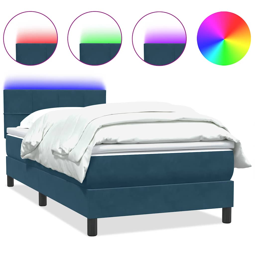 sötétkék bársony rugós és LED-es ágy matraccal 80x220 cm