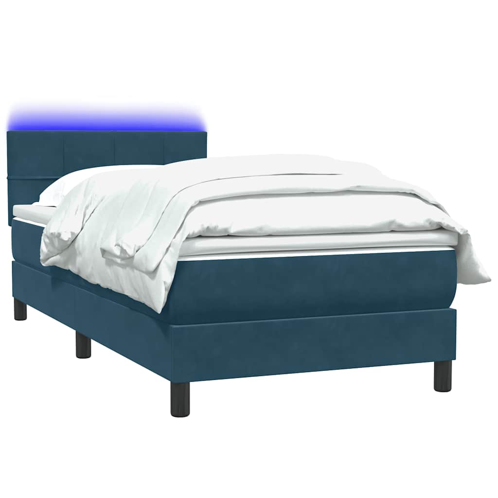 sötétkék bársony rugós és LED-es ágy matraccal 80x220 cm