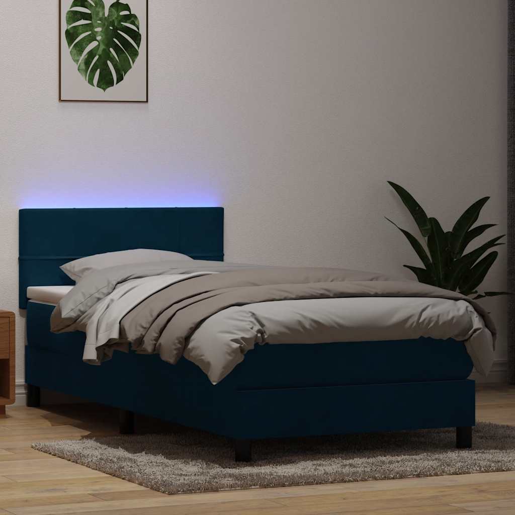 sötétkék bársony rugós és LED-es ágy matraccal 80x220 cm