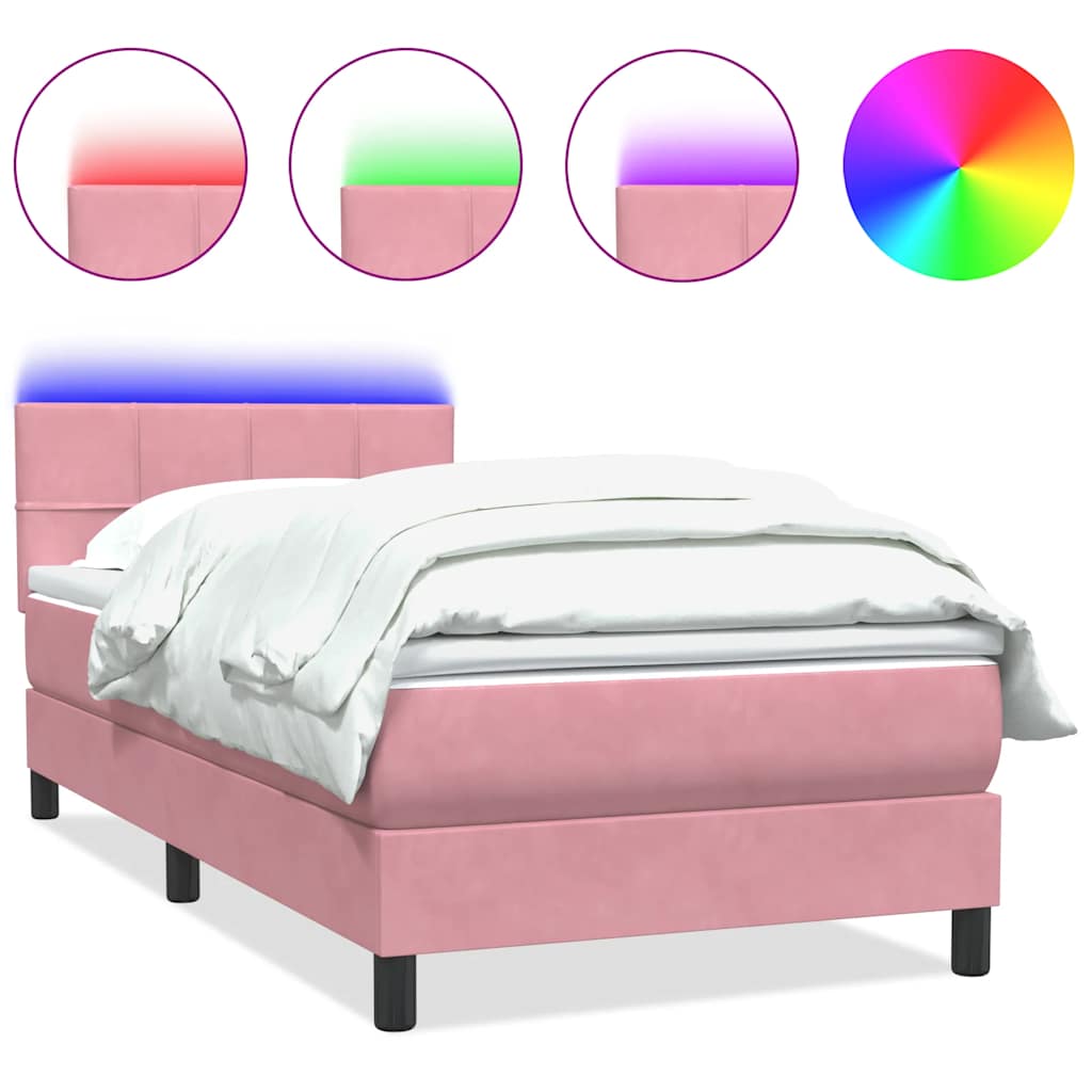 rózsaszín bársony rugós és LED-es ágy matraccal 80x220 cm