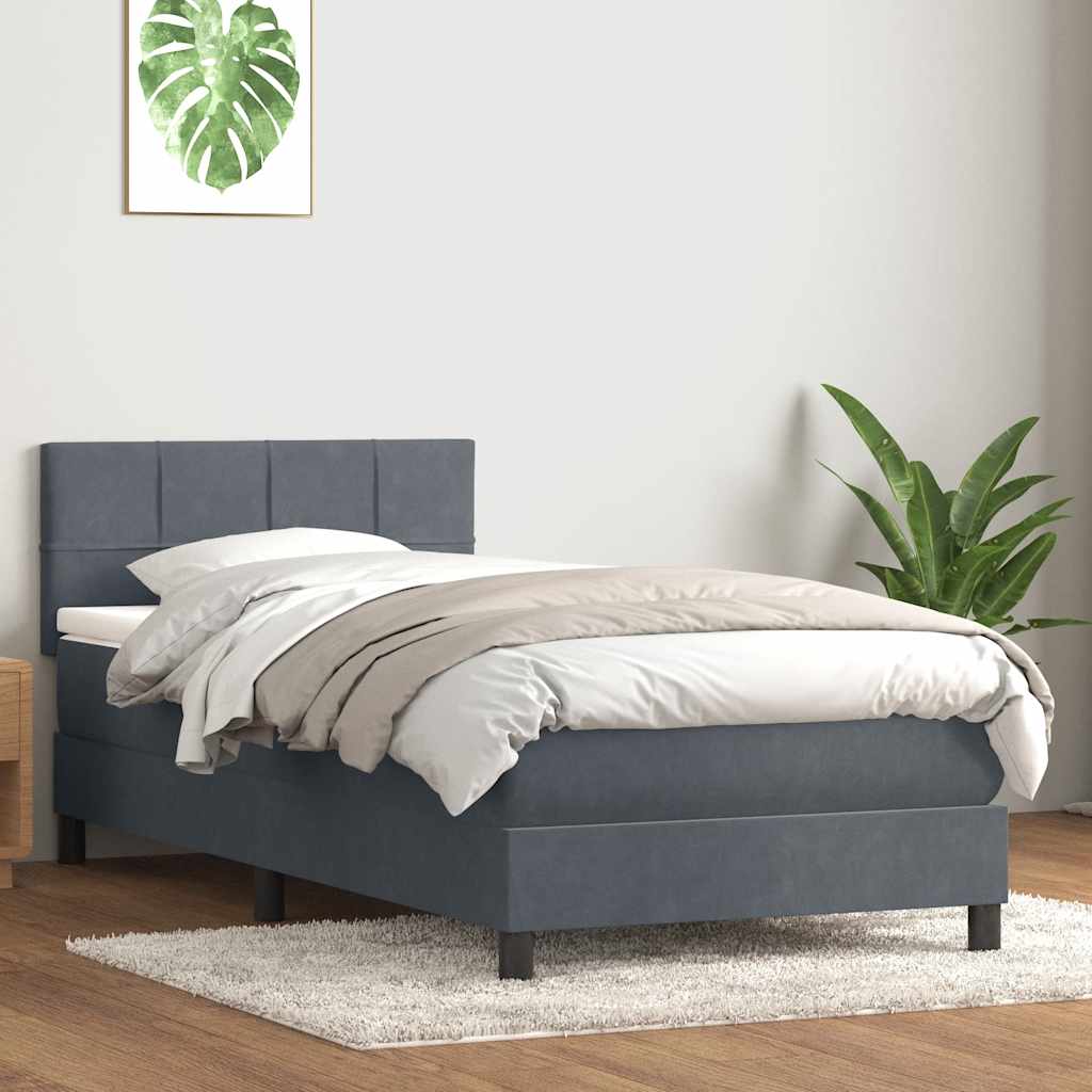 sötétszürke bársony rugós és LED-es ágy matraccal 90x220 cm