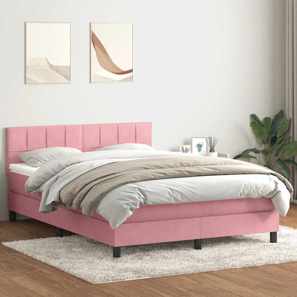 rózsaszín bársony rugós és LED-es ágy matraccal 140x220 cm