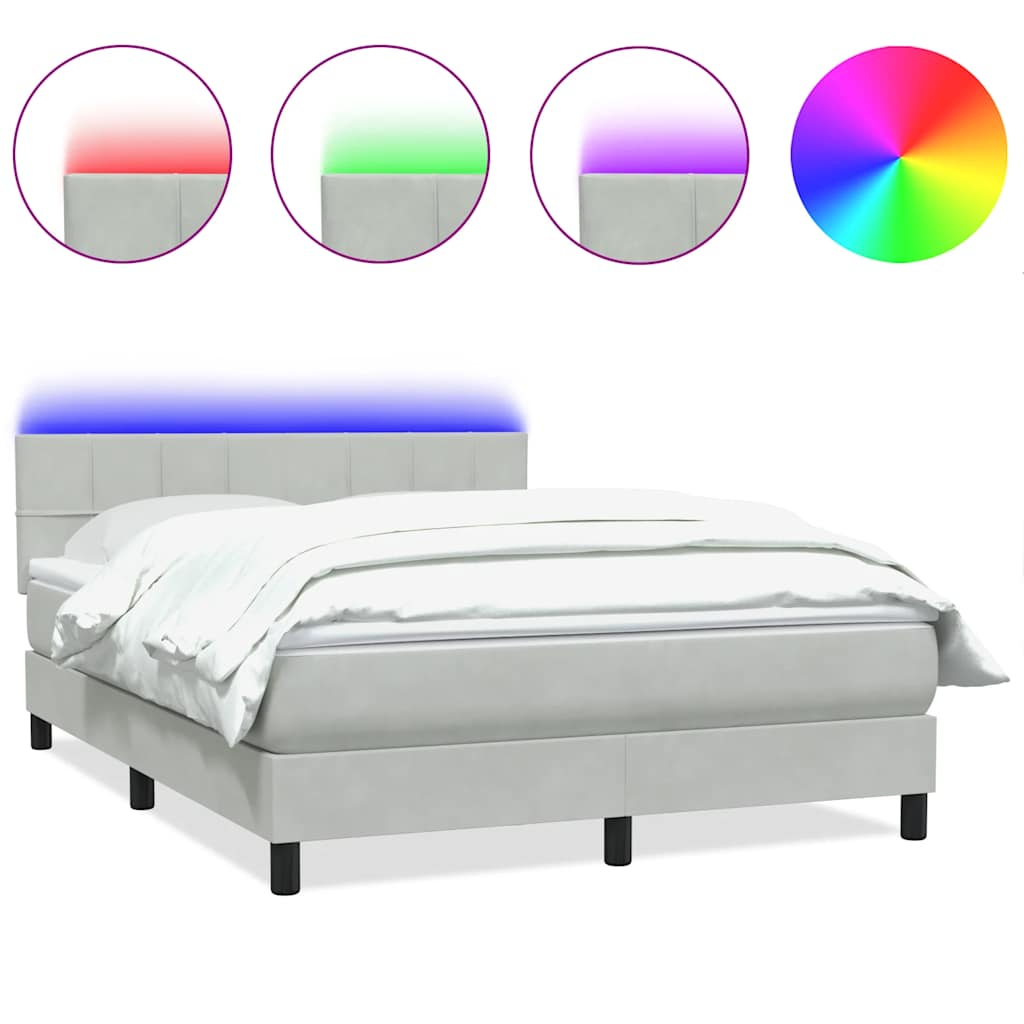 világosszürke bársony rugós és LED-es ágy matraccal 160x220 cm
