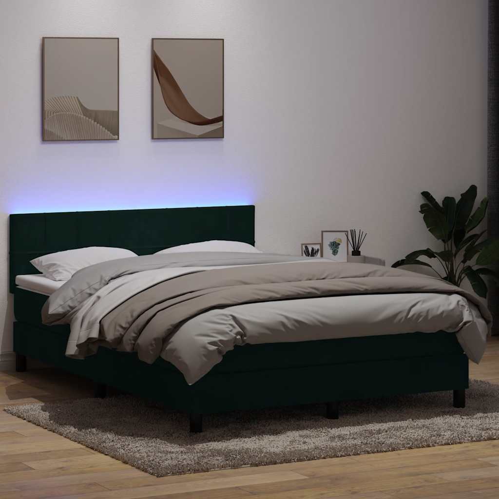 sötétzöld bársony rugós és LED-es ágy matraccal 160x220 cm