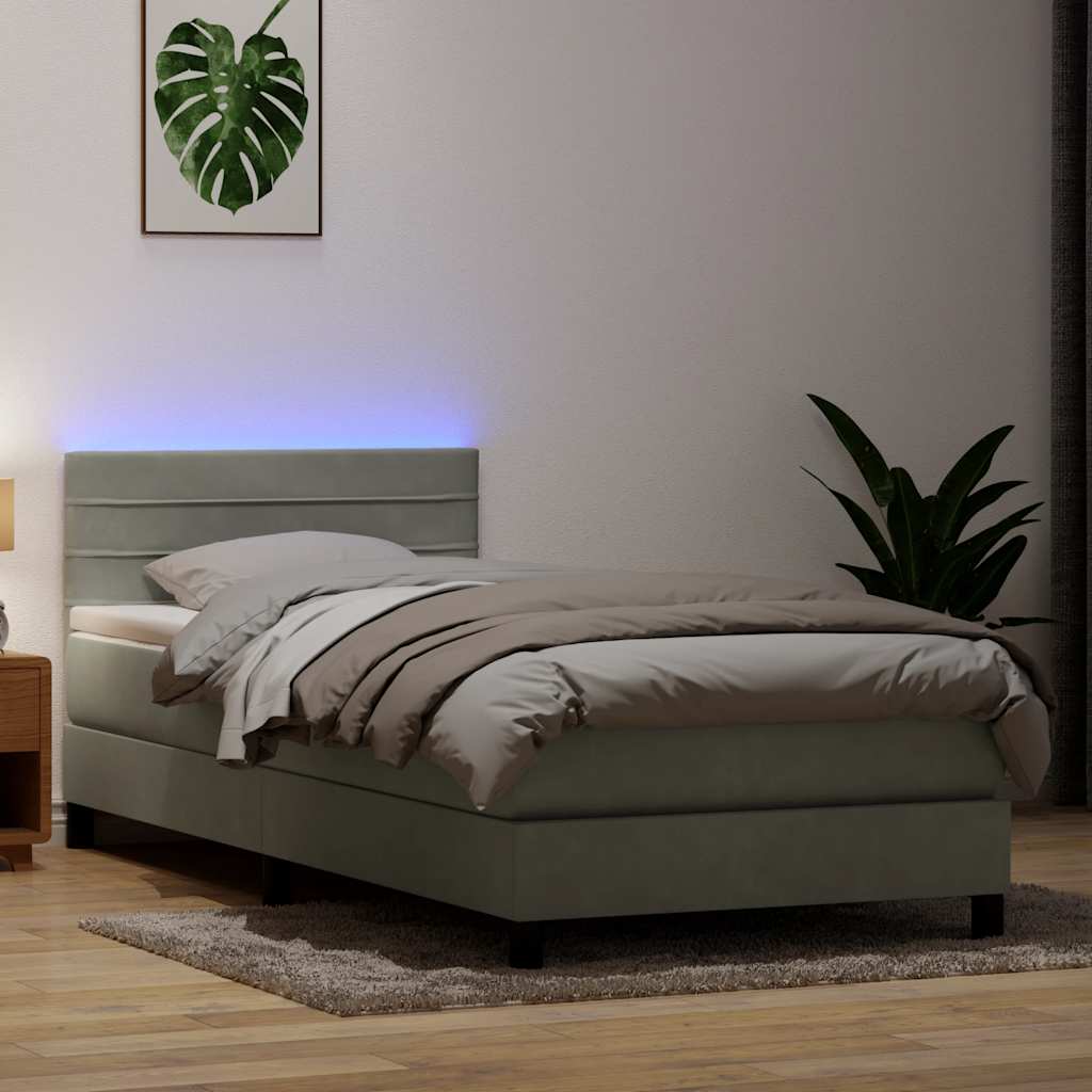 világosszürke bársony rugós és LED-es ágy matraccal 80x210 cm