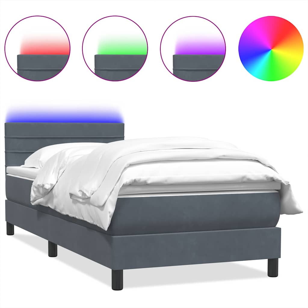 sötétszürke bársony rugós és LED-es ágy matraccal 80x210 cm