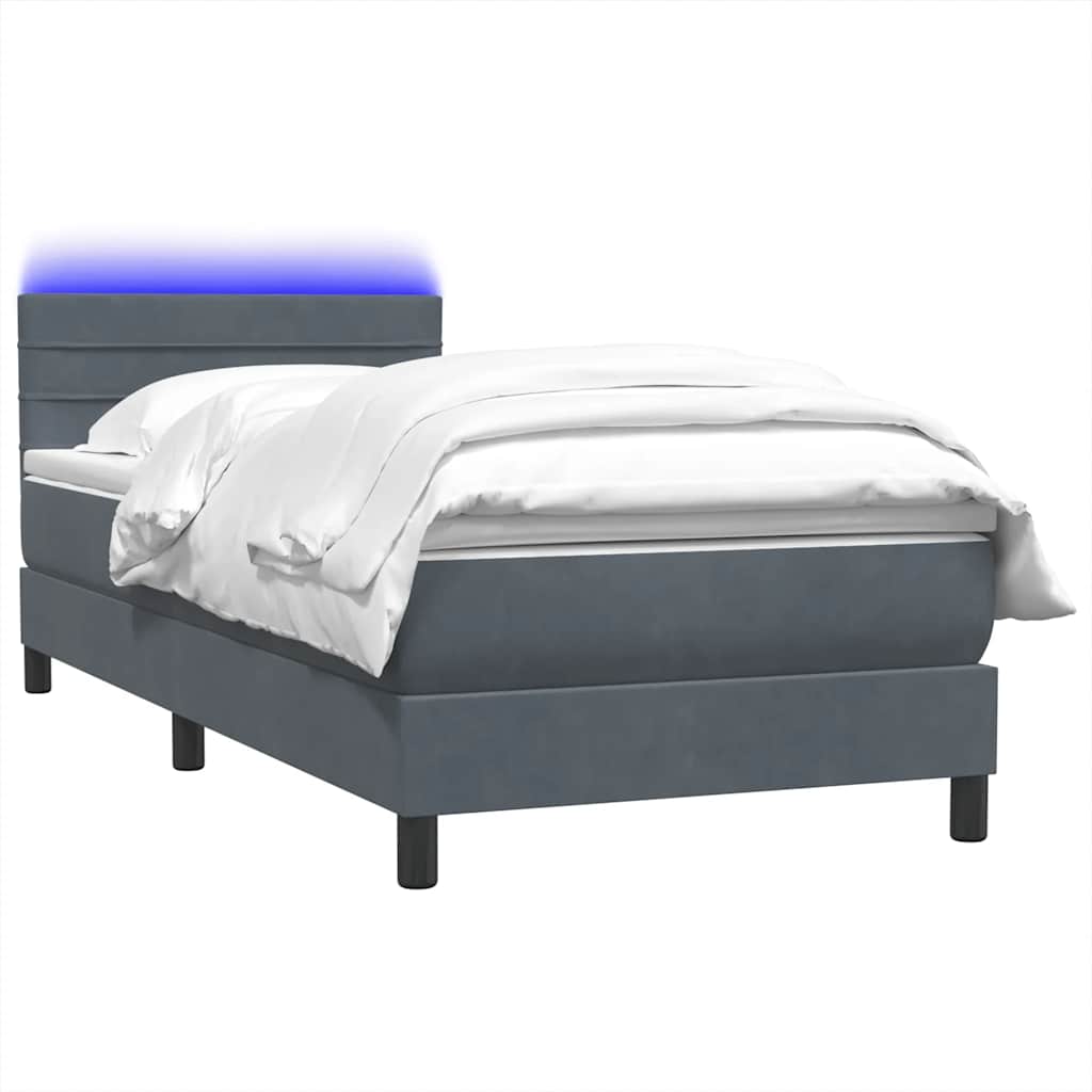 sötétszürke bársony rugós és LED-es ágy matraccal 80x210 cm