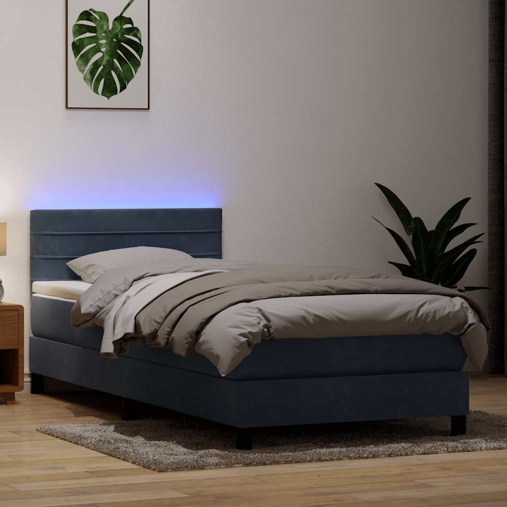 sötétszürke bársony rugós és LED-es ágy matraccal 80x210 cm