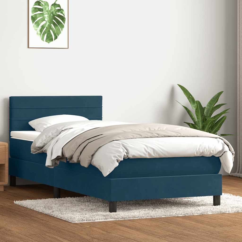 sötétkék bársony rugós és LED-es ágy matraccal 80x210 cm