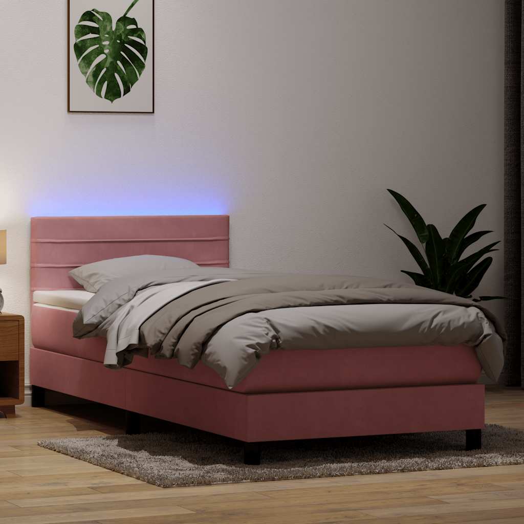 rózsaszín bársony rugós és LED-es ágy matraccal 90x210 cm