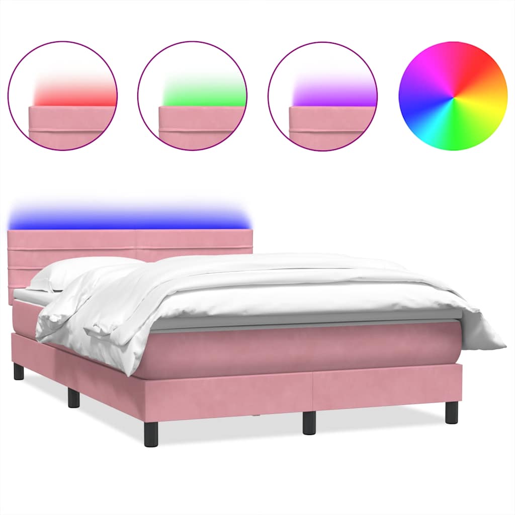 rózsaszín bársony rugós és LED-es ágy matraccal 140x210 cm