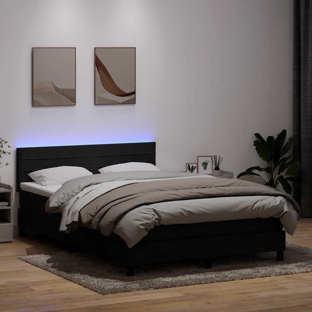 fekete bársony rugós és LED-es ágy matraccal 160x210 cm