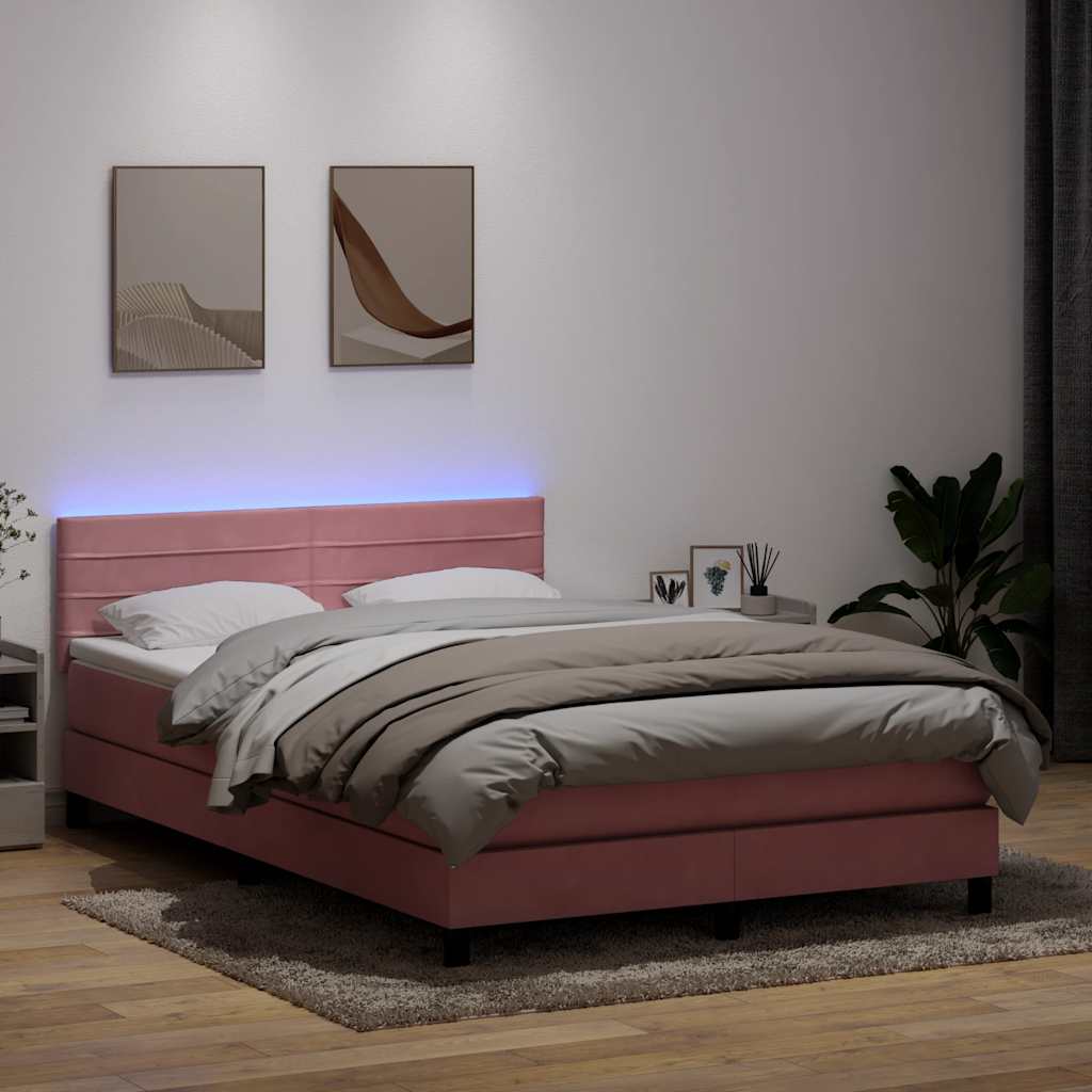 rózsaszín bársony rugós és LED-es ágy matraccal 160x210 cm
