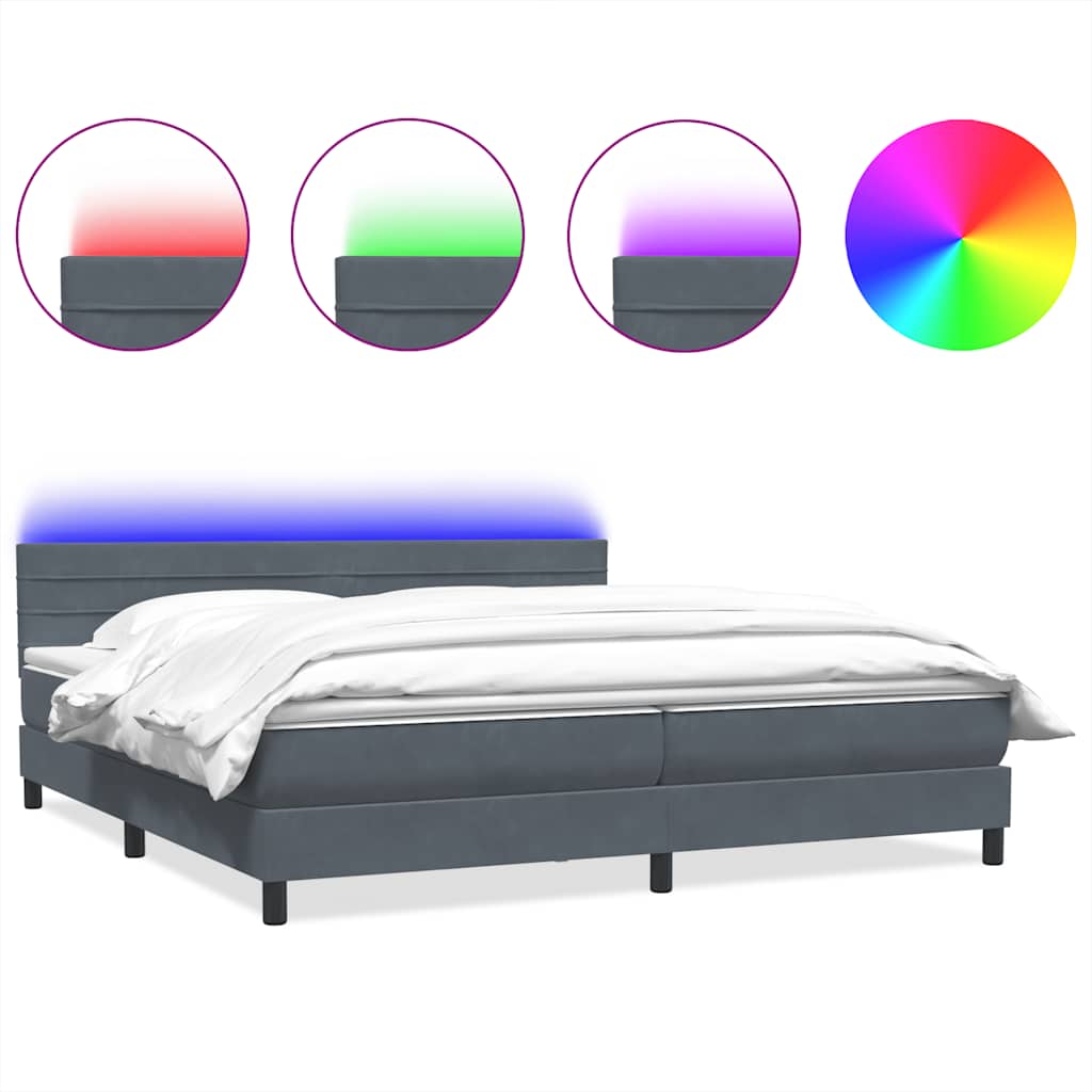 sötétszürke bársony rugós és LED-es ágy matraccal 180x210 cm