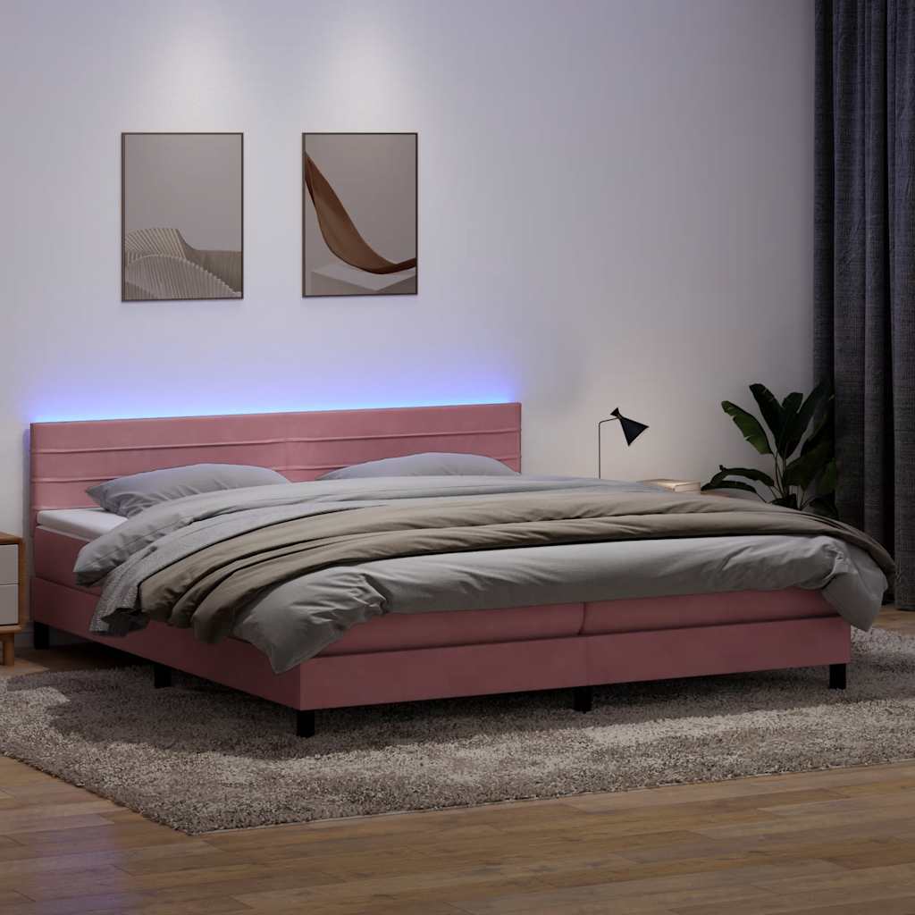 rózsaszín bársony rugós és LED-es ágy matraccal 180x210 cm