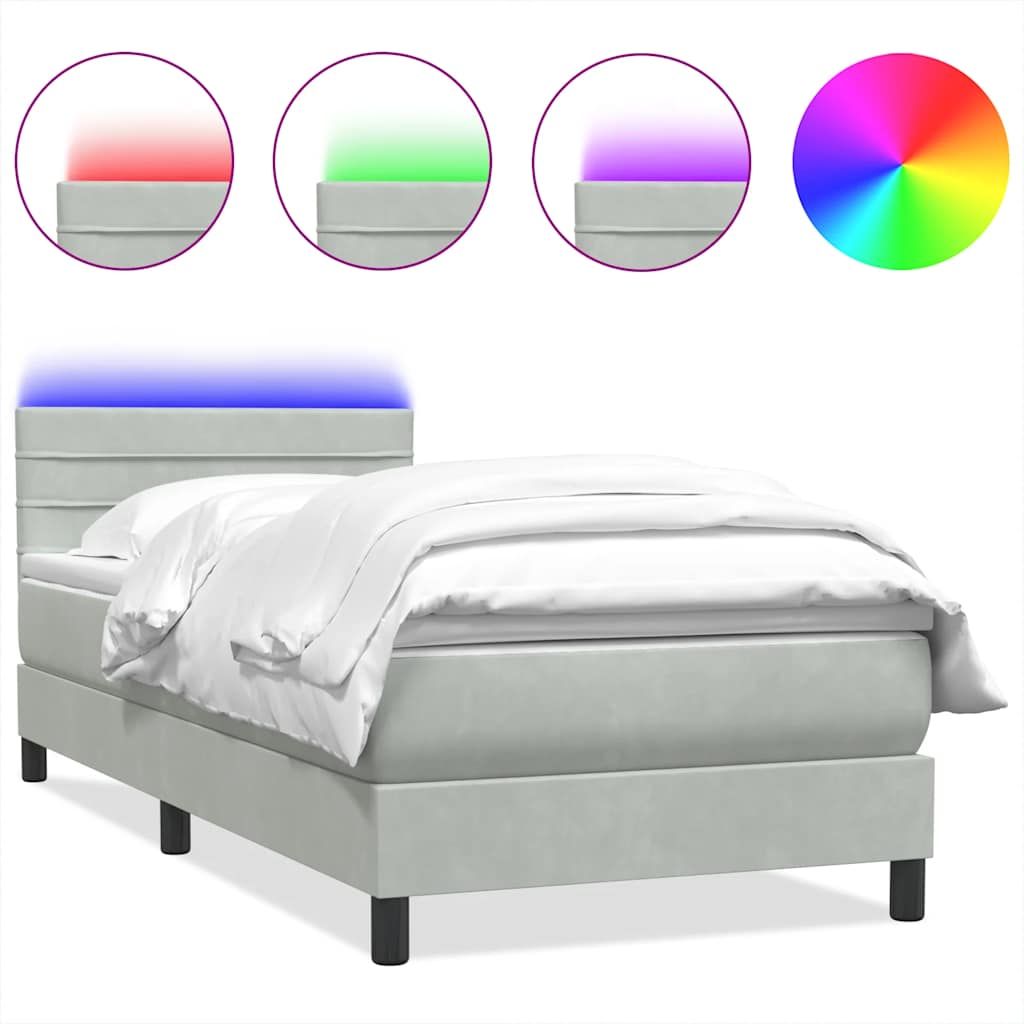 világosszürke bársony rugós és LED-es ágy matraccal 80x220 cm