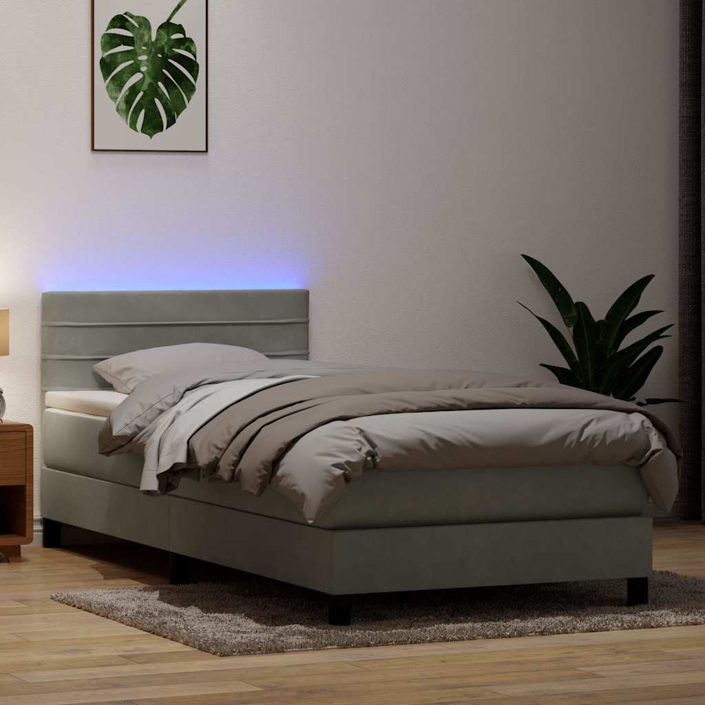 világosszürke bársony rugós és LED-es ágy matraccal 80x220 cm