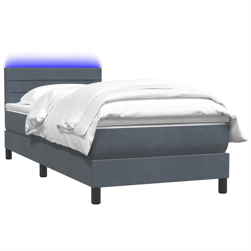 sötétszürke bársony rugós és LED-es ágy matraccal 80x220 cm