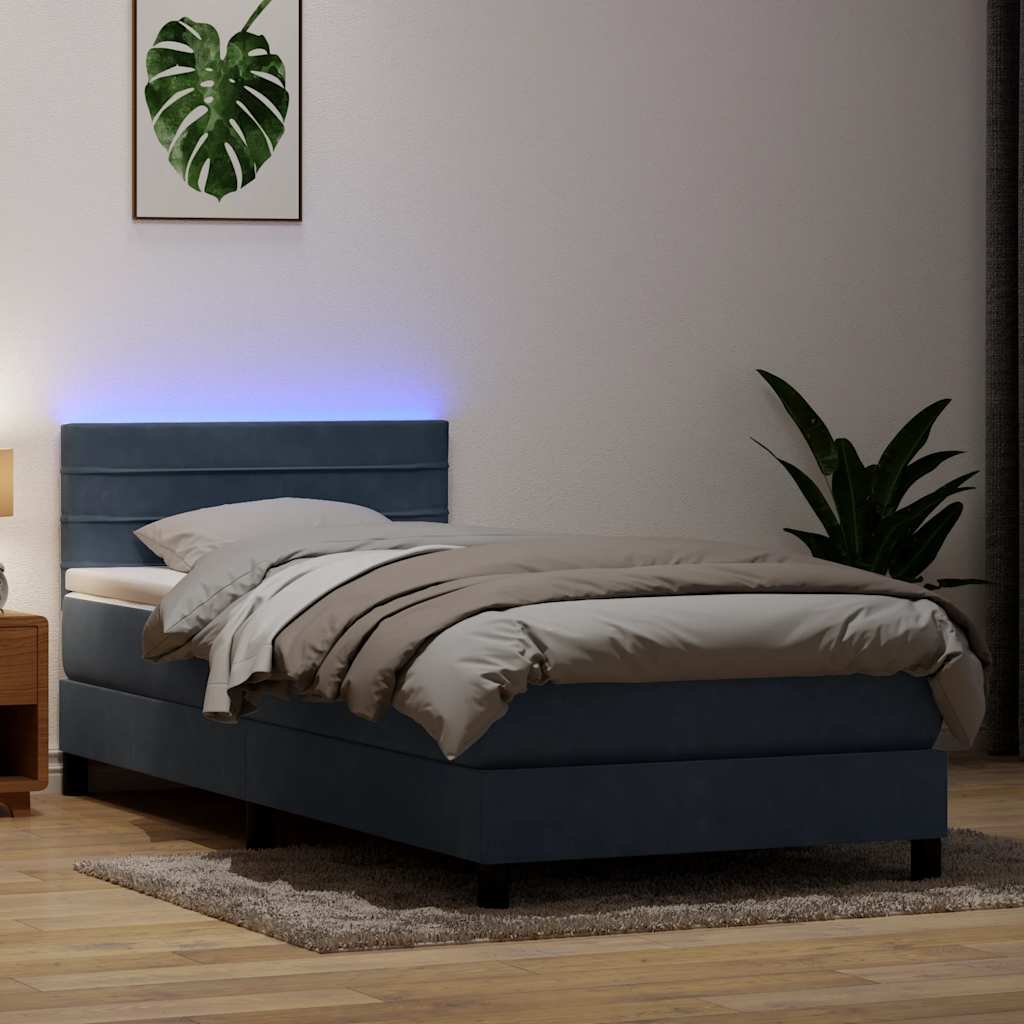 sötétszürke bársony rugós és LED-es ágy matraccal 80x220 cm