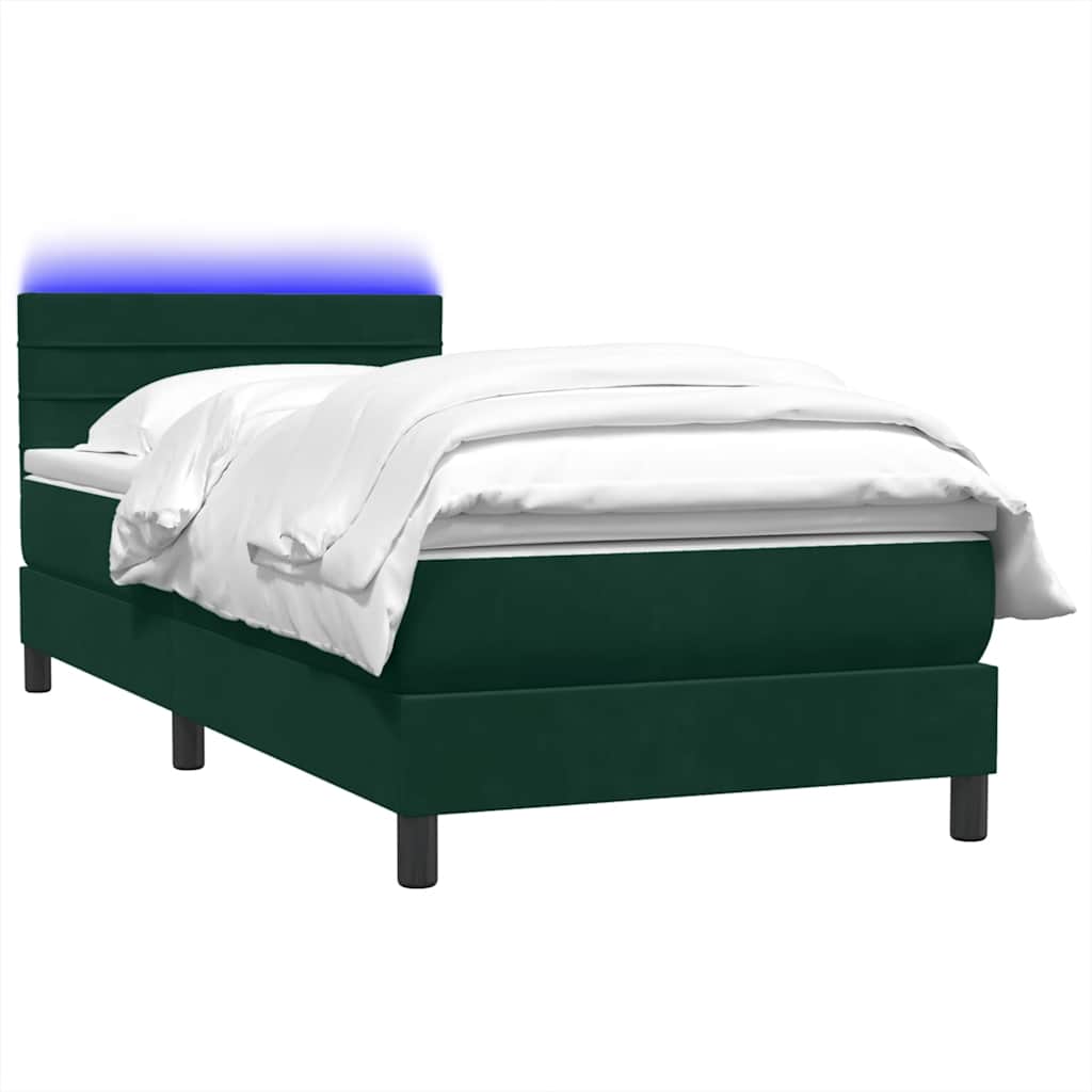 sötétzöld bársony rugós és LED-es ágy matraccal 80x220 cm