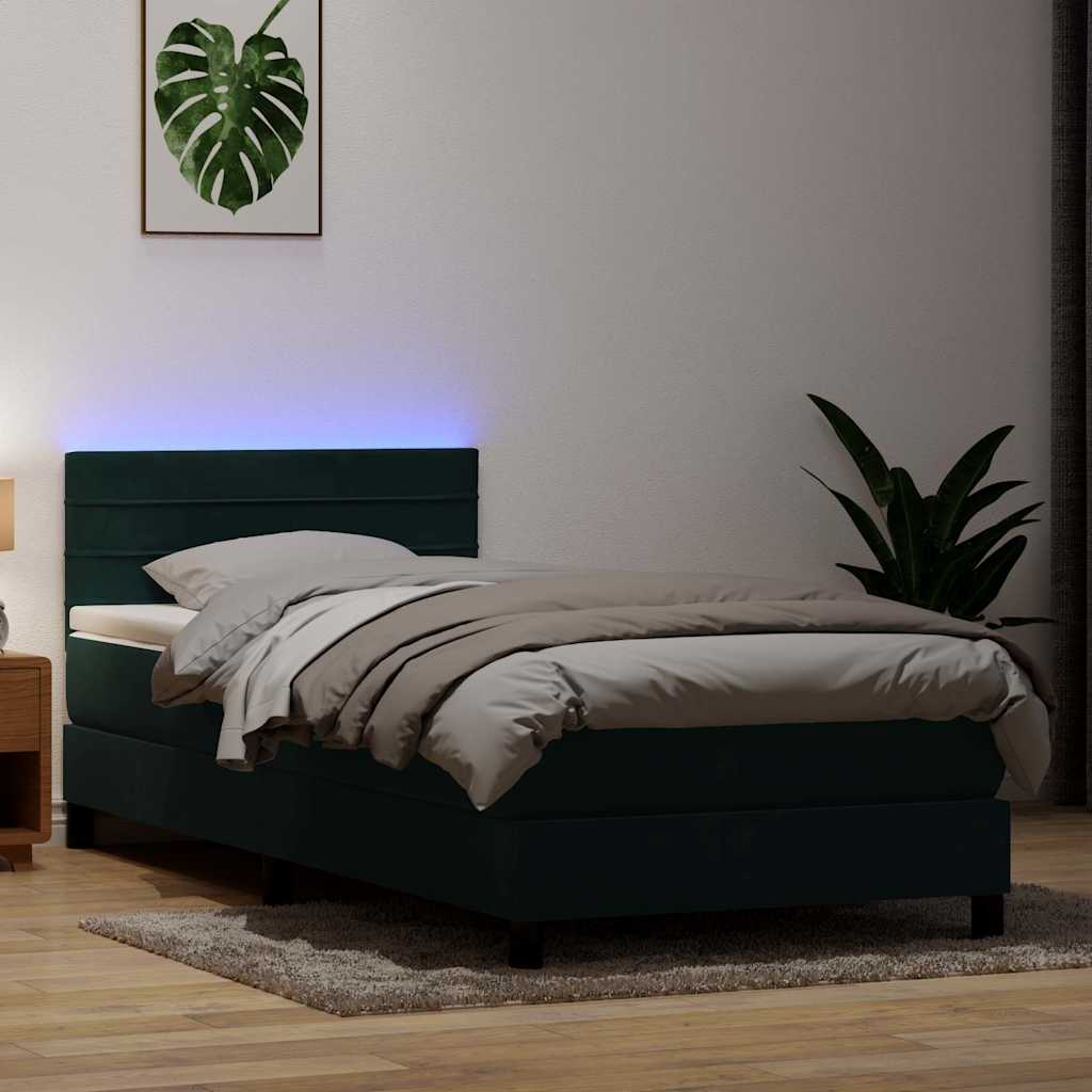 sötétzöld bársony rugós és LED-es ágy matraccal 80x220 cm
