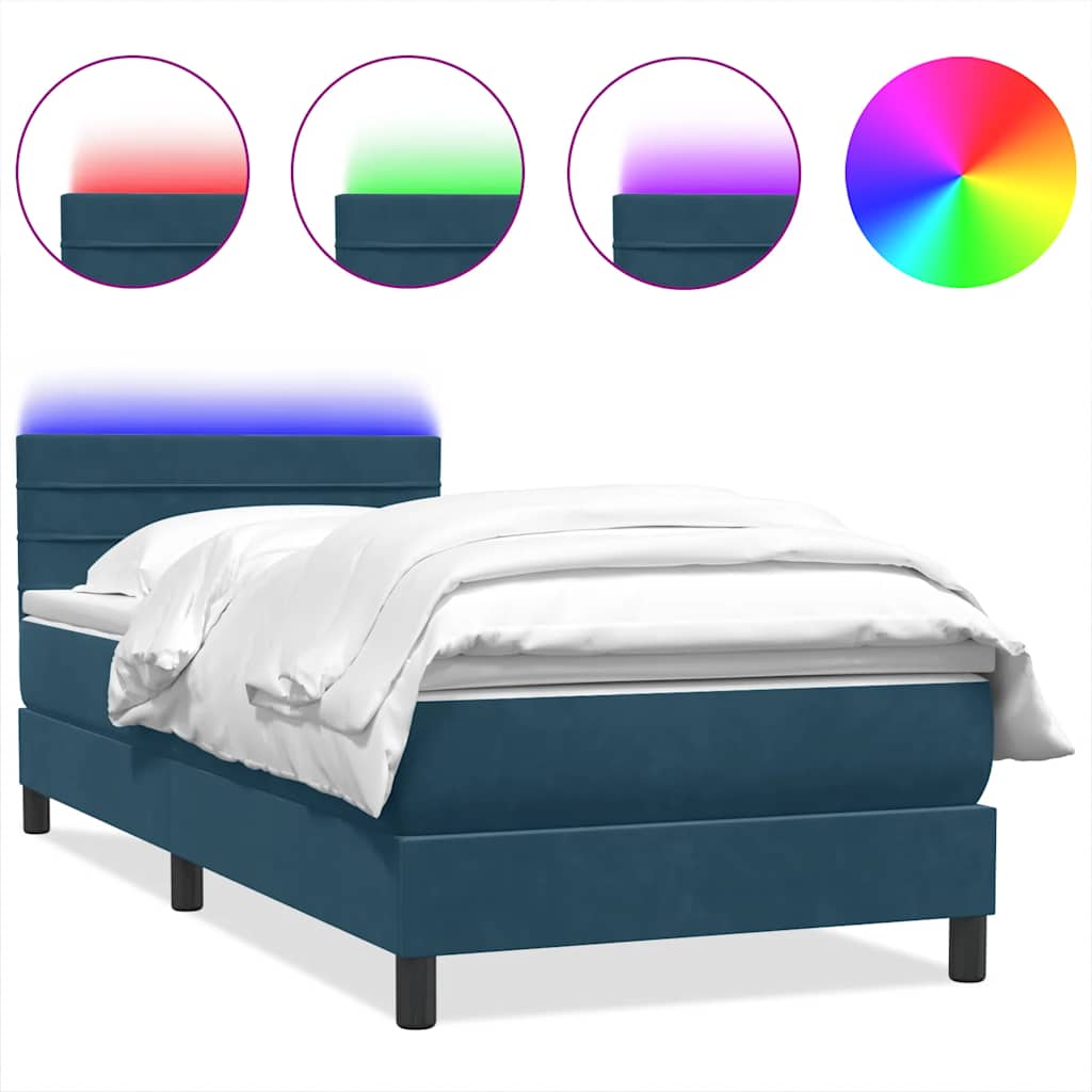 sötétkék bársony rugós és LED-es ágy matraccal 80x220 cm