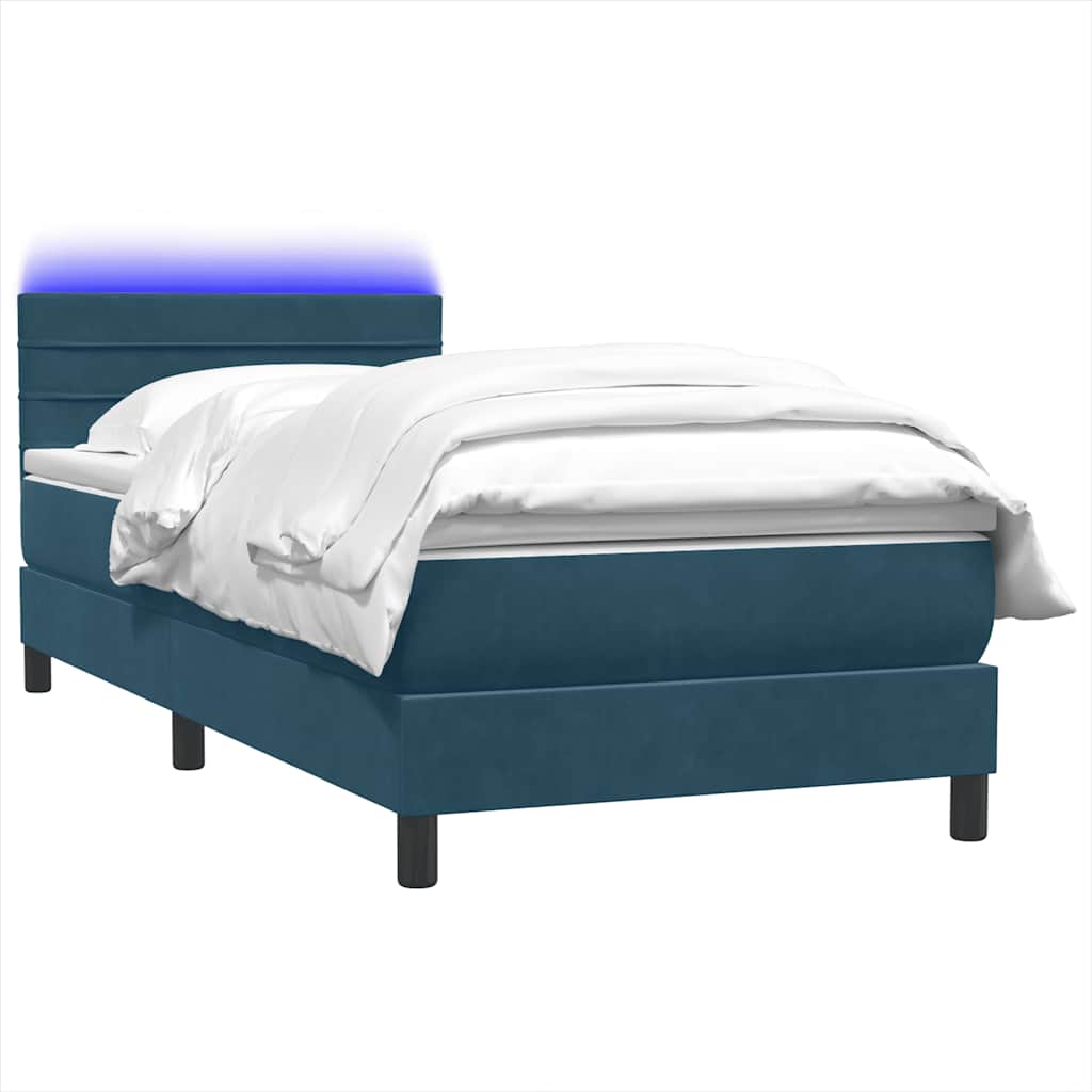 sötétkék bársony rugós és LED-es ágy matraccal 80x220 cm