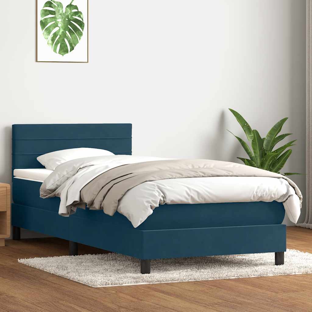 sötétkék bársony rugós és LED-es ágy matraccal 80x220 cm