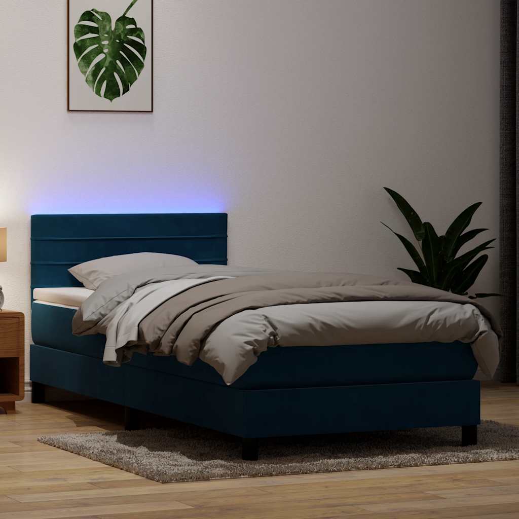 sötétkék bársony rugós és LED-es ágy matraccal 80x220 cm