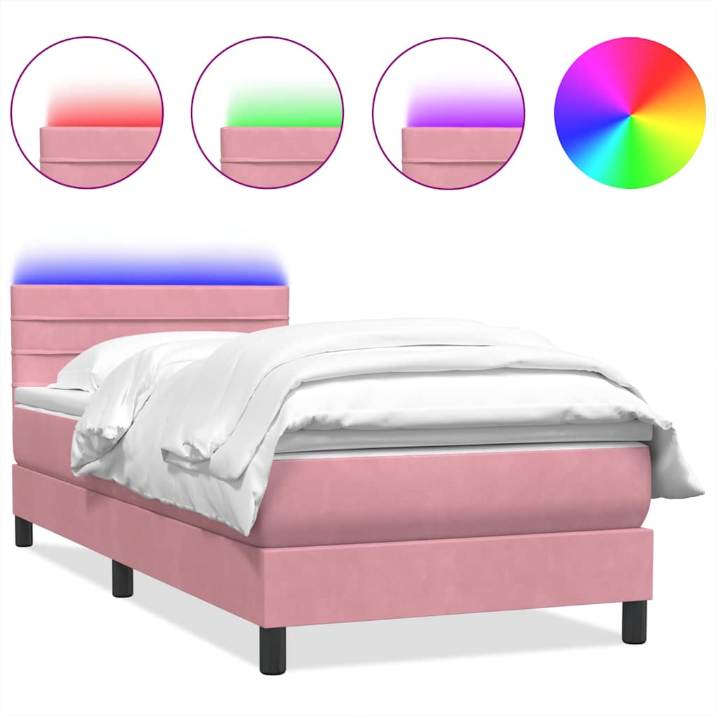 rózsaszín bársony rugós és LED-es ágy matraccal 80x220 cm