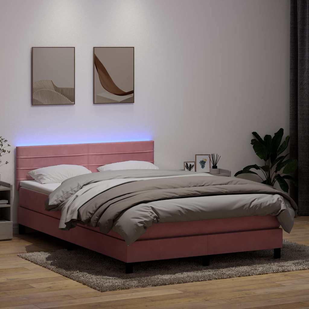 rózsaszín bársony rugós és LED-es ágy matraccal 140x220 cm
