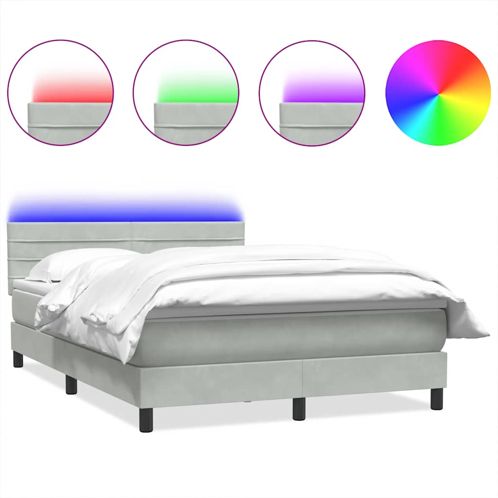 világosszürke bársony rugós és LED-es ágy matraccal 160x220 cm