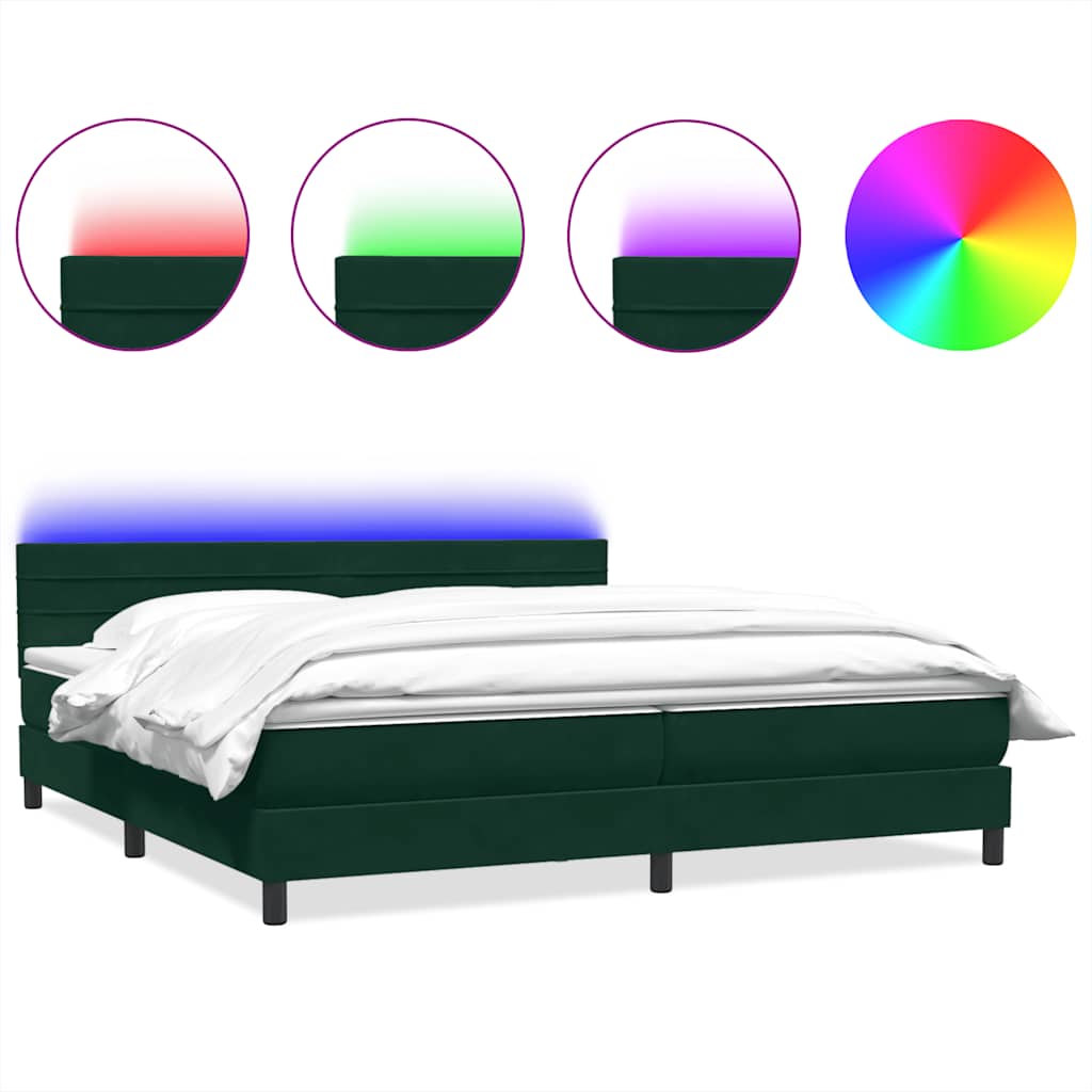 sötétzöld bársony rugós és LED-es ágy matraccal 180x220 cm
