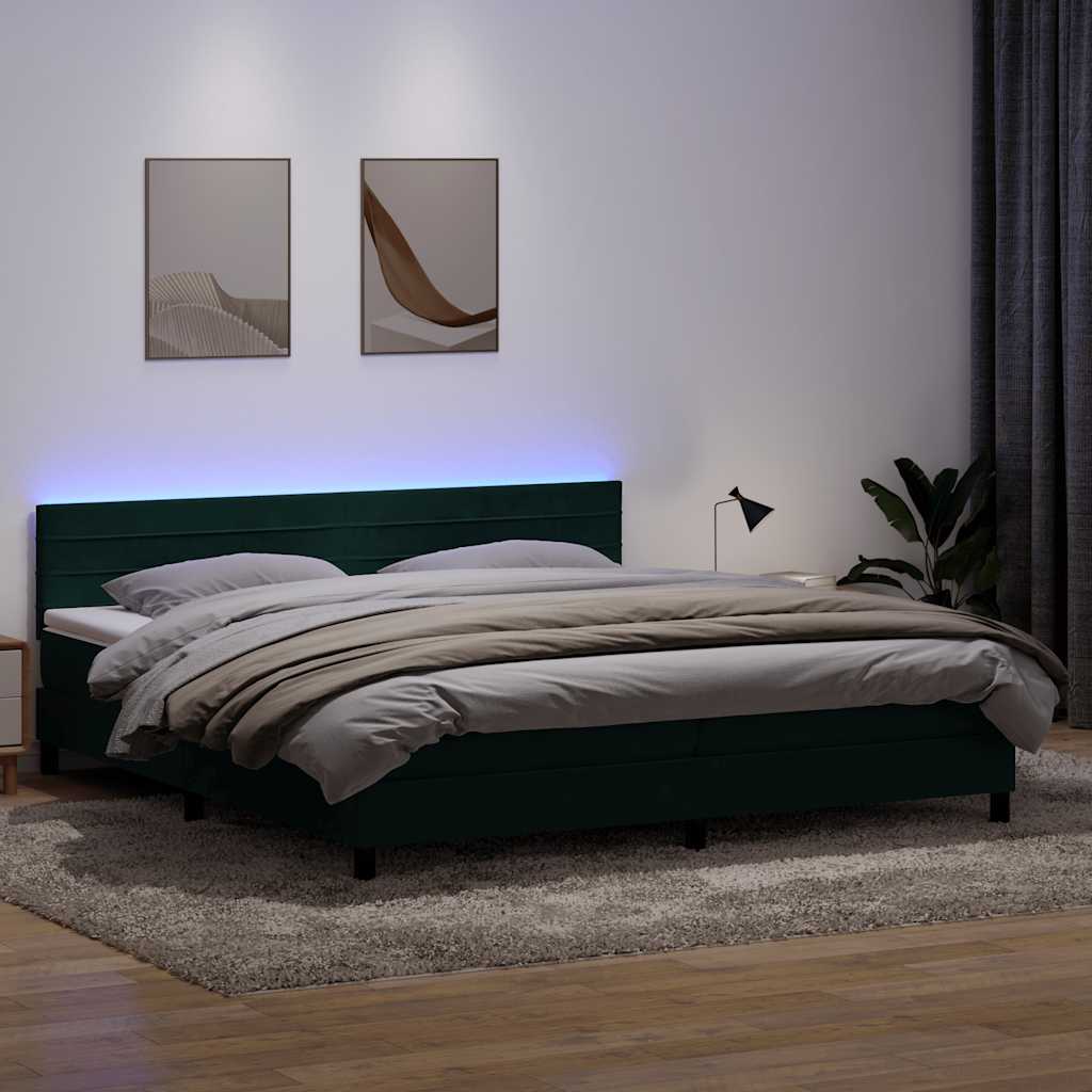 sötétzöld bársony rugós és LED-es ágy matraccal 180x220 cm