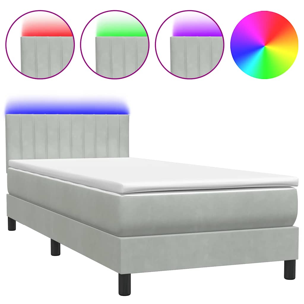 világosszürke bársony rugós és LED-es ágy matraccal 80x210 cm