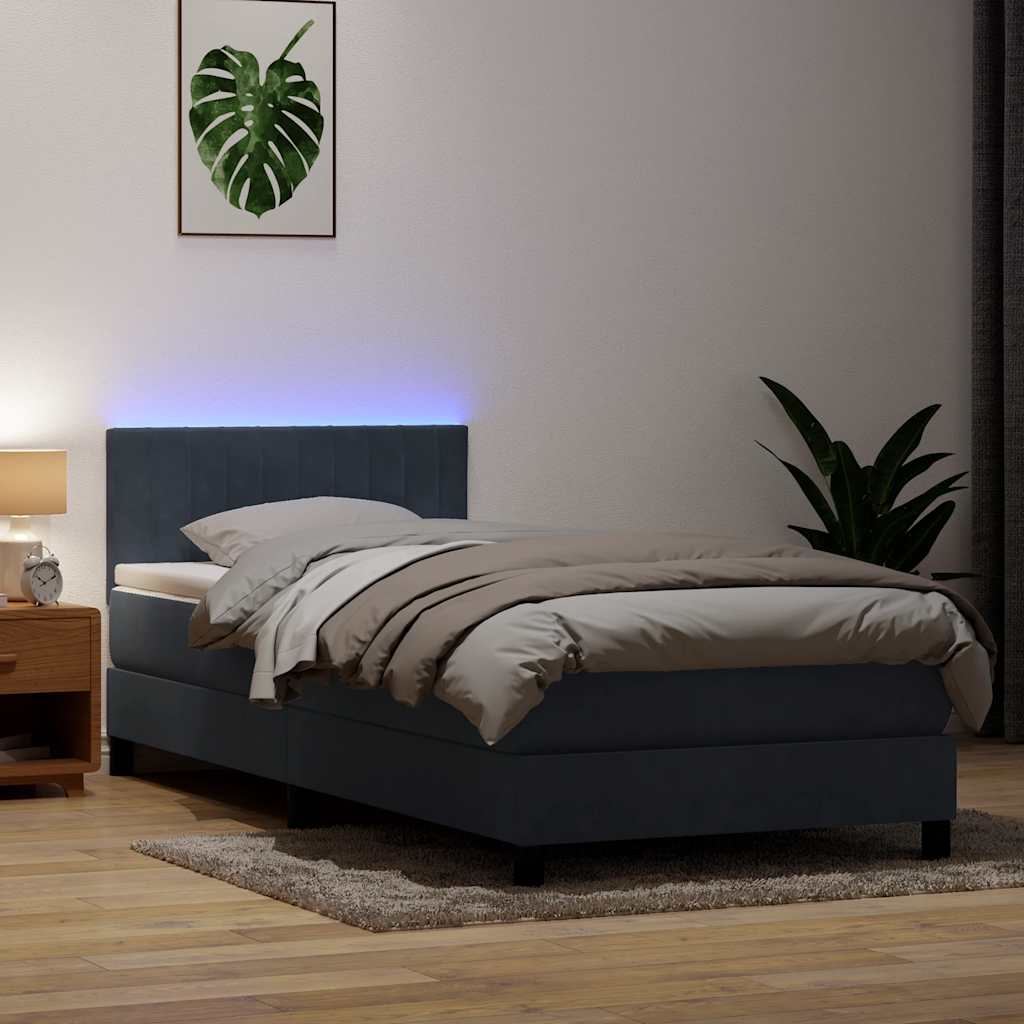 sötétszürke bársony rugós és LED-es ágy matraccal 80x210 cm