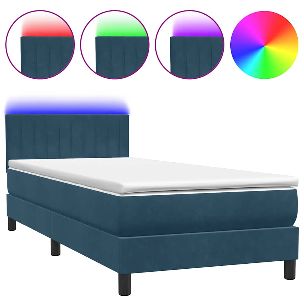 sötétkék bársony rugós és LED-es ágy matraccal 80x210 cm